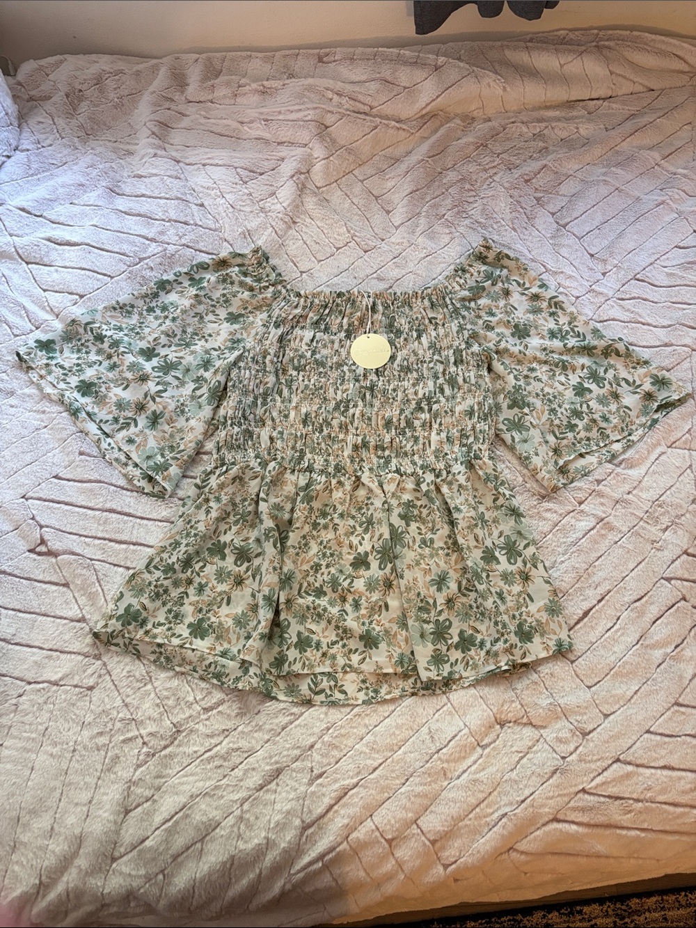 Chenault Cream Floral Smocked Off-Shoulder Peplum Top with Green Print
